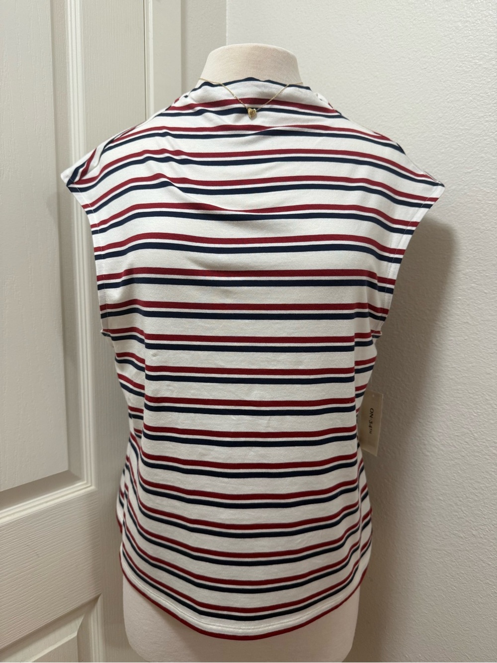 Striped Sleeveless Tank Top - White with Navy & Red